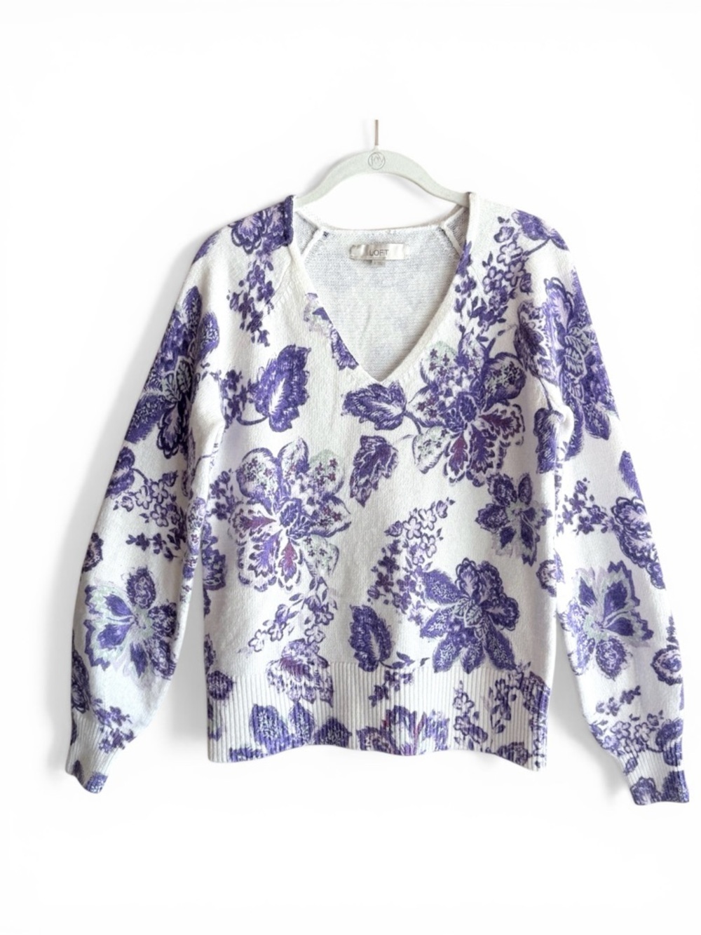 LOFT Floral V-Neck Sweater Purple Off-White Cotton Blend Long Sleeve Women’s Sm